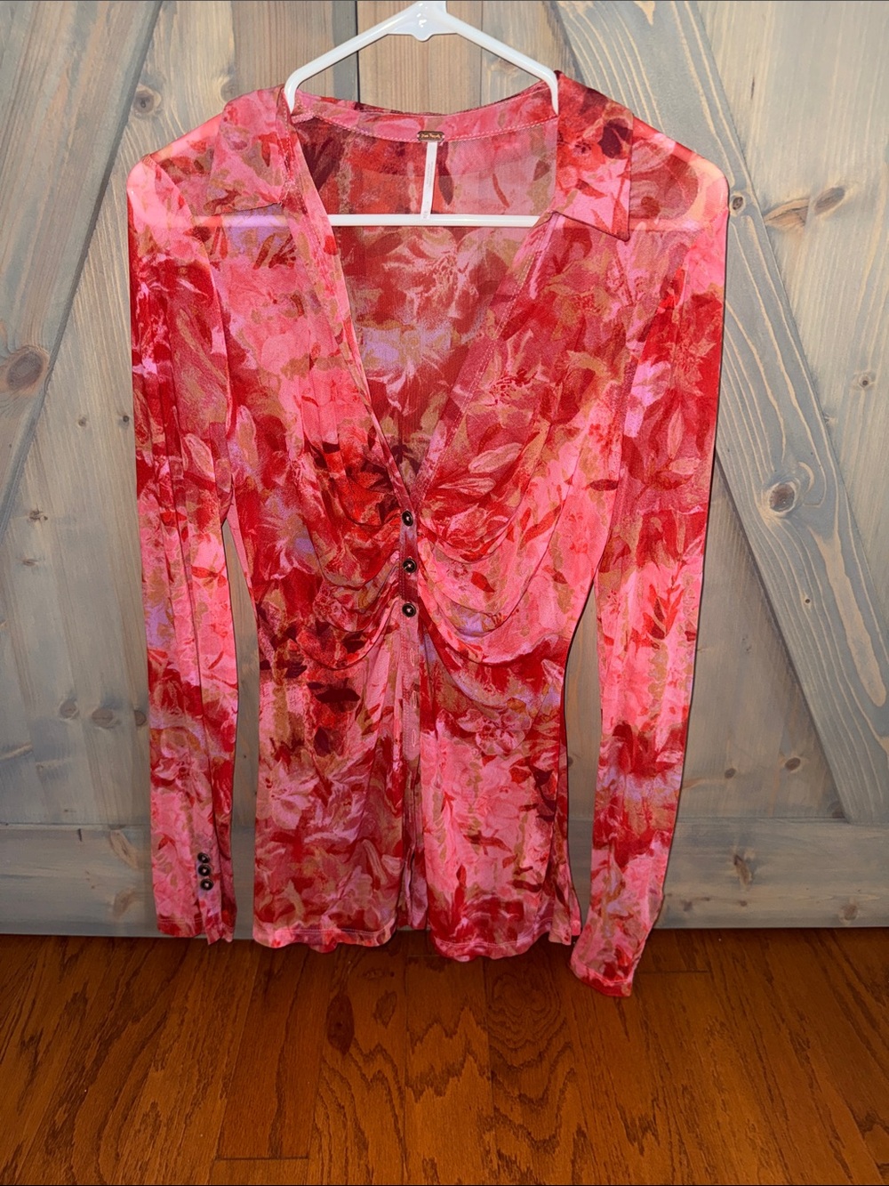 Free People Pink and Red Floral Sheer Long Sleeve Blouse